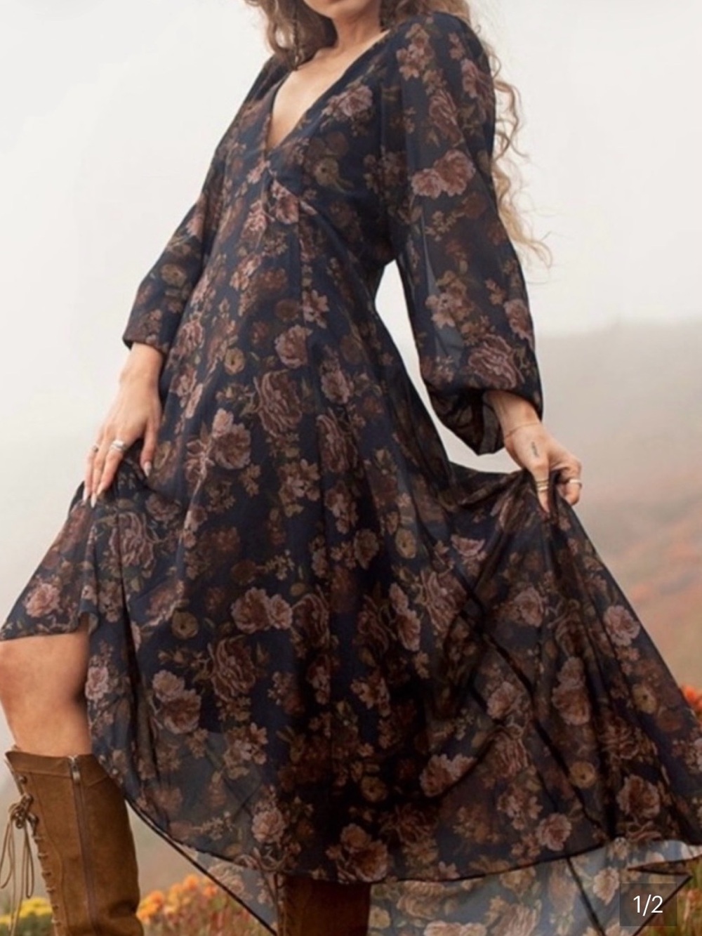 Joyfolie Navy Floral High-Low V-Neck Dress